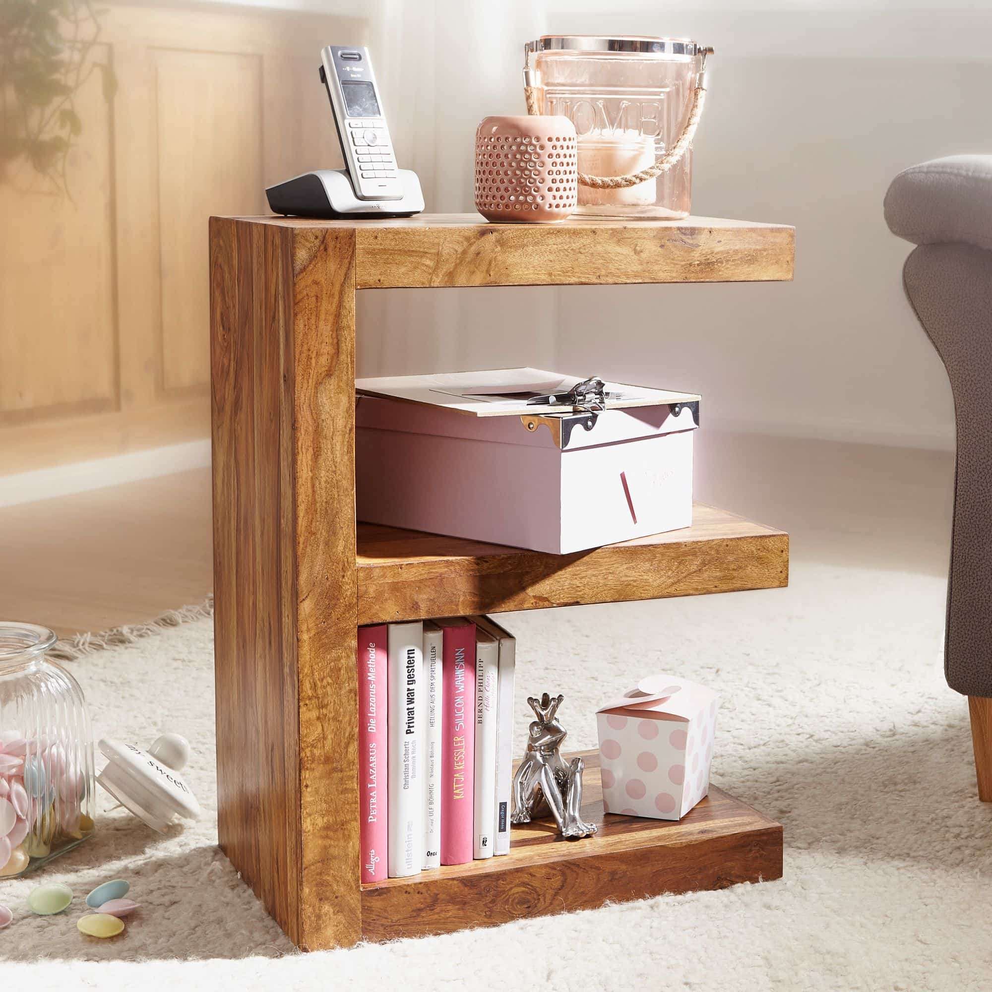 Bild von Wohnling Beistelltisch Mumbai Massivholz Sheesham E Cube 60cm hoch Wohnzimmer-Tisch Design braun Landhaus-Stil Couchtisch
