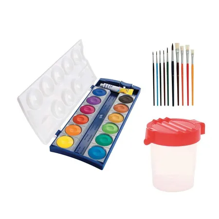 Bild von Malset - Pelikan 12er Deckfarbkasten 735K/12 + Deckweiß, 10 Pinsel, Pinselbecher