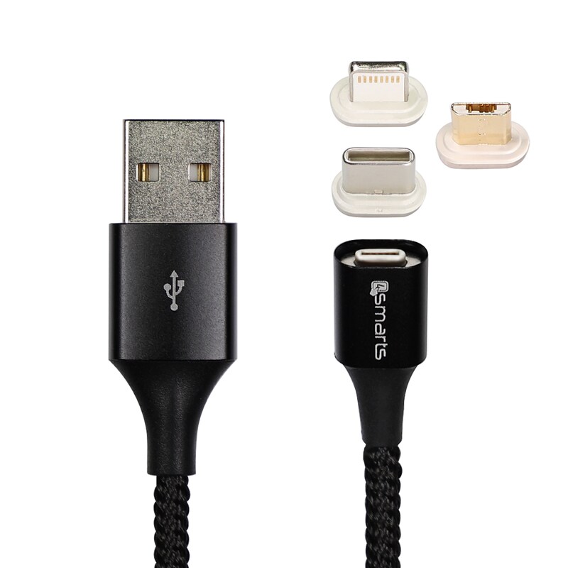 Bild von 4smarts GravityCord 2.0 USB-A auf C, Lightning & Micro USB Kabel 0,5m schwarz
