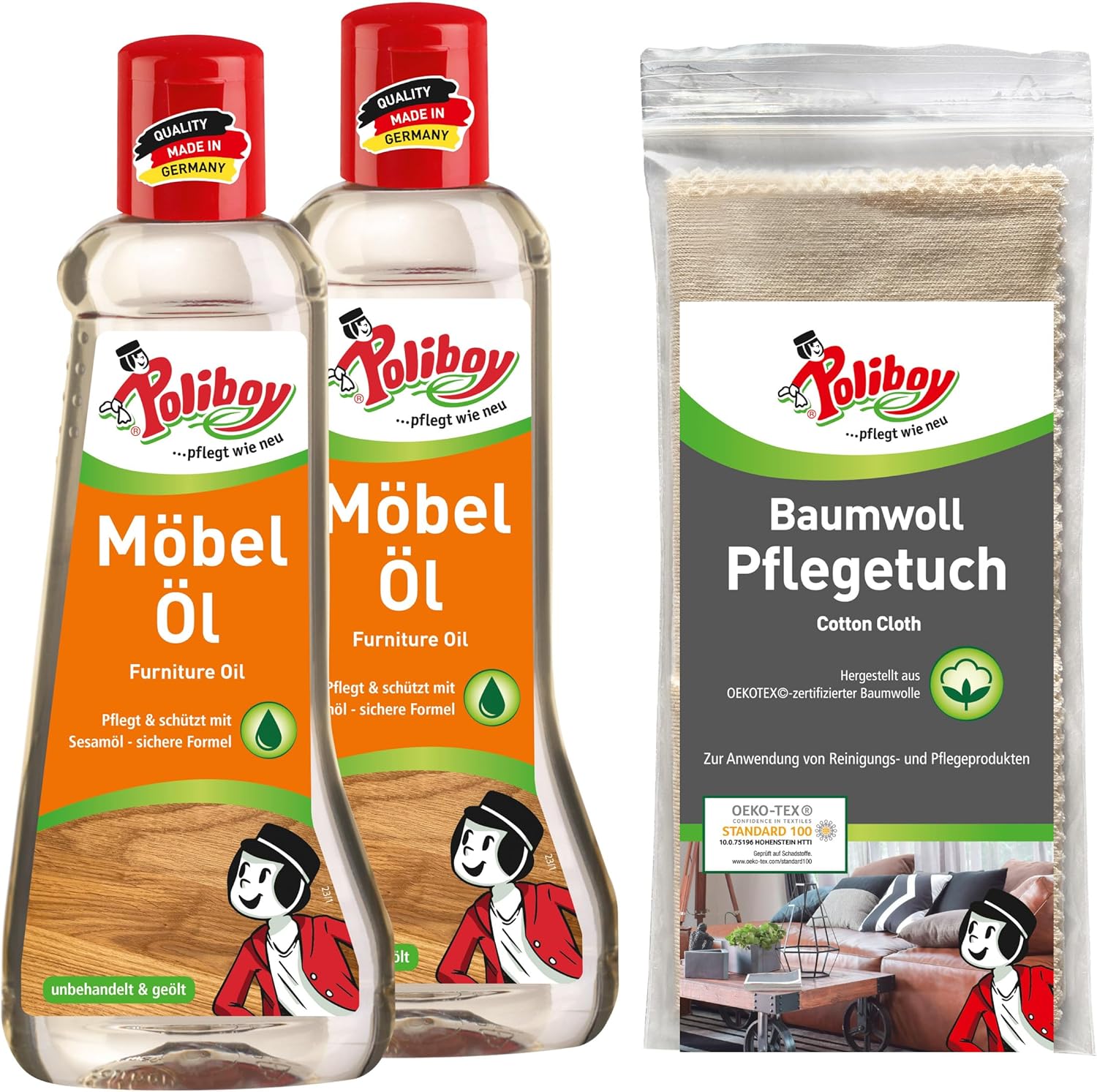 Bild von poliboy 2x200 ml Möbel Öl + Baumwoll Pflegetuch Möbelreiniger (Reinigungsset zur Pflege von Möbeln aus Holz - Made in Germany)