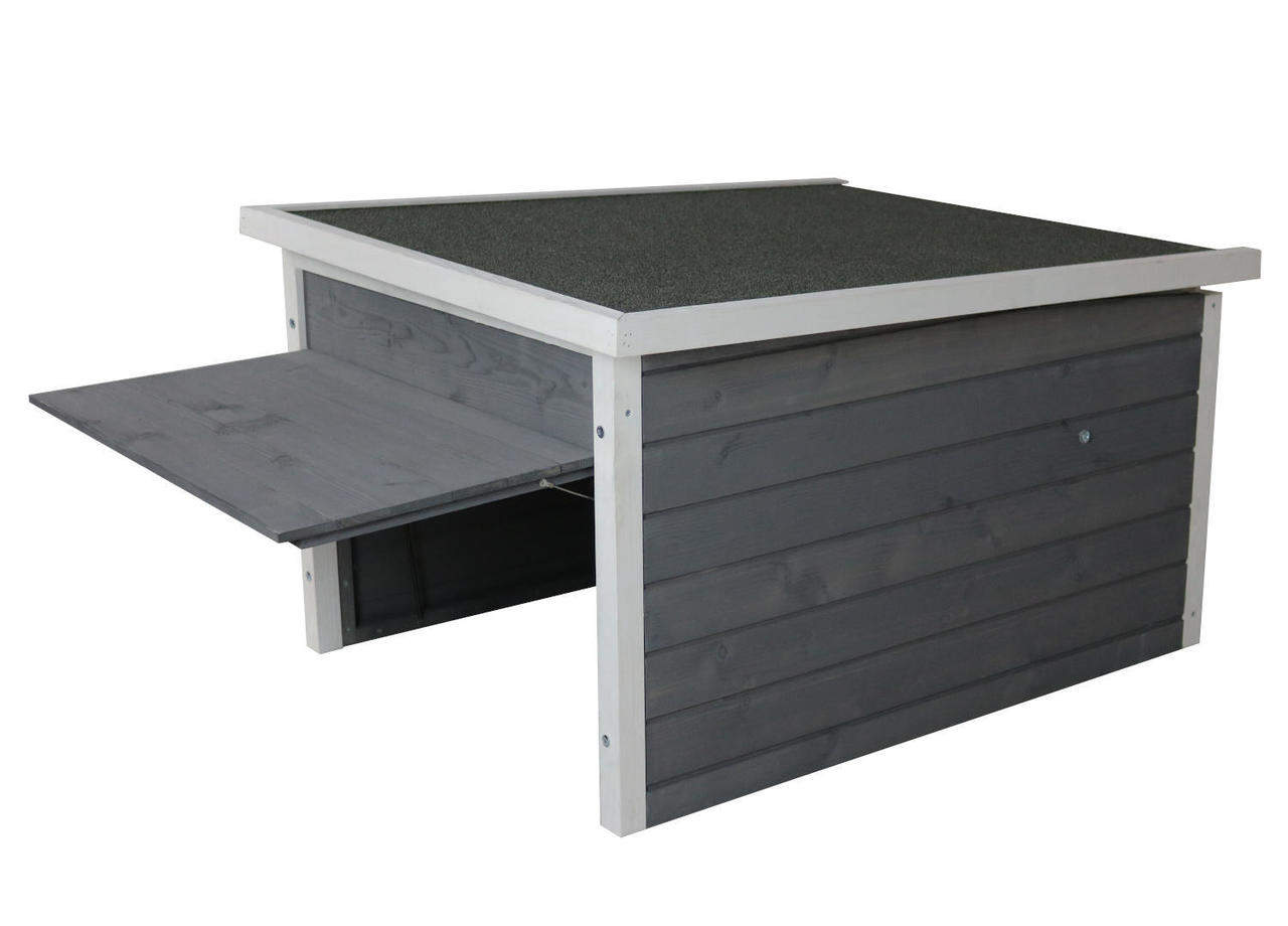 Bild von SunnyDeals Rasenroboter-Garage aus Holz grau-weiß | Rasenmäher Haus für Mähroboter L 95 x B 76 x H 56,5 cm | Garage für selbstfahrende Rasenmäherroboter | selbstschließende Frontklappe