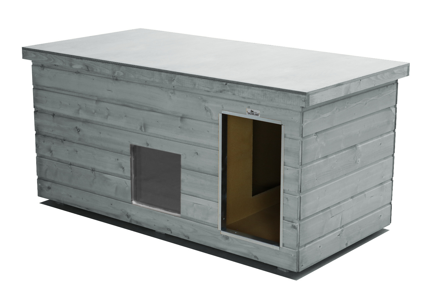 Bild von Original SAUERLAND Holz-Hundehütte mit Vorraum und Fenster, platingrau | Flachda...