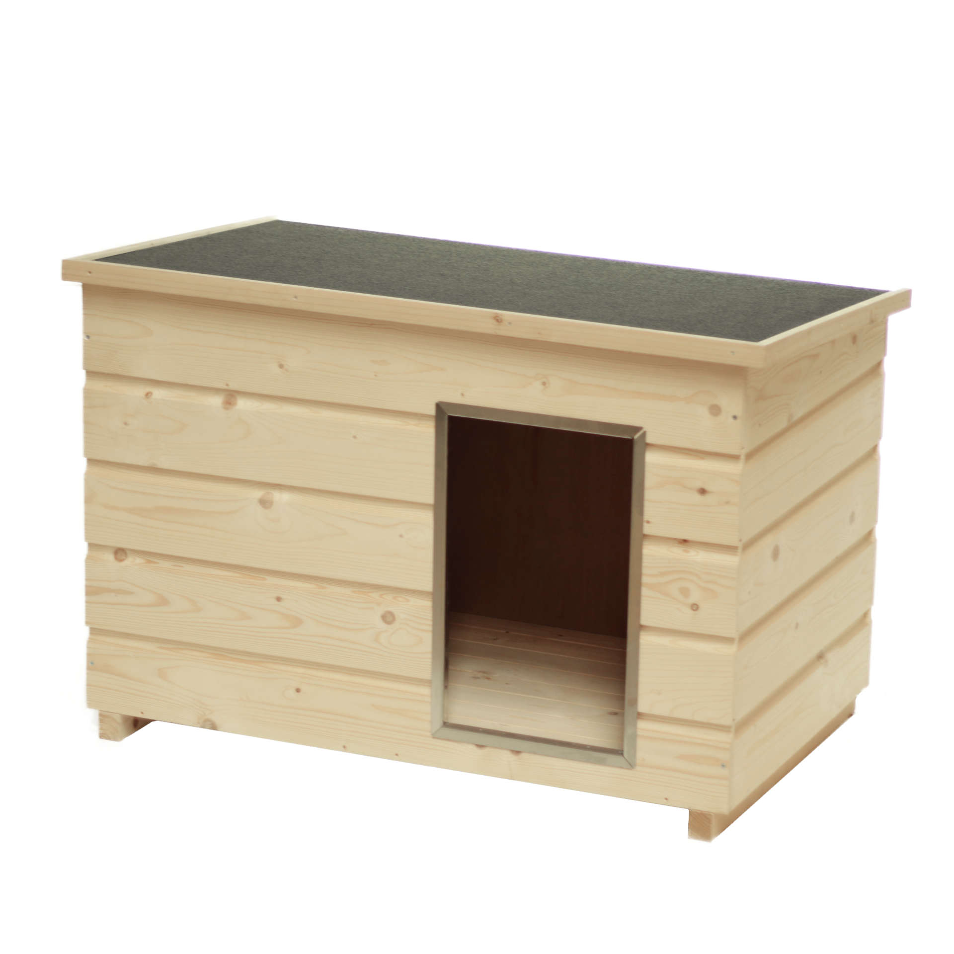 Bild von Holz-Hundehütte isoliert, naturbelassen mit aufklappbarem Flachdach