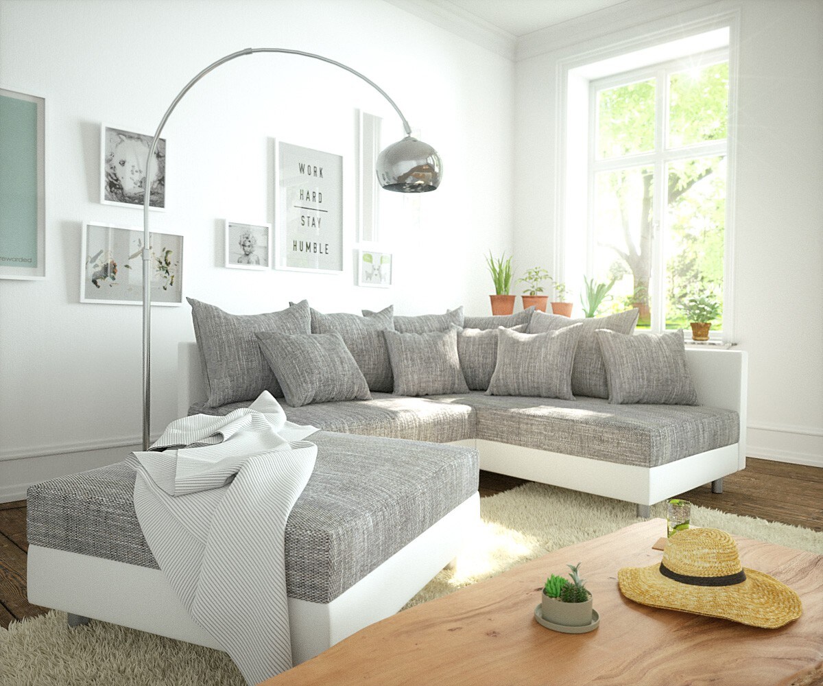 Bild von DELIFE Ecksofa Clovis Weiss Hellgrau Hocker Ottomane Rechts modular, Design Ecksofas, Couch Loft, Modulsofa, modular
