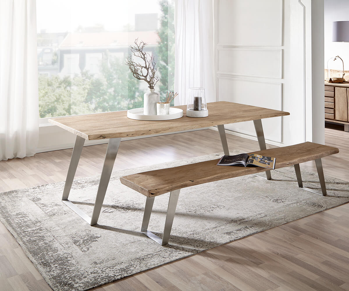 Bild von DELIFE Esstisch Edge 200x100 Akazie Champagner Edelstahl Schräg Live-Edge, Esstische, Baumkantenmöbel, Massivholzmöbel, Massivholz