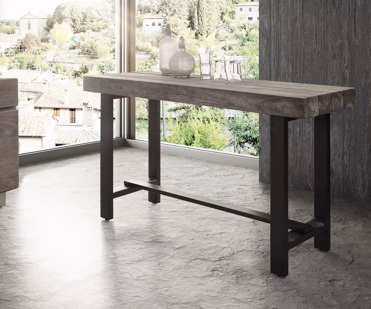 Bild von DELIFE Bartisch Blokk 165x60 cm Akazie Platin Massivholz Metall, Bartische