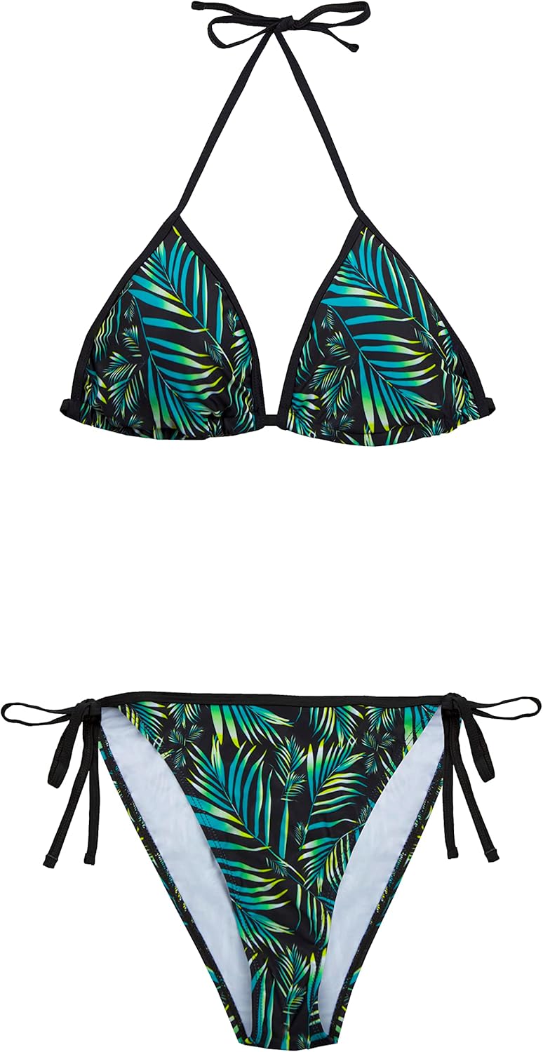 Bild von Ava Mia Damen Bikini Set Bikinitop und Bikinihose Low mit Schnürbindung Blätter Blatt Jungel Dschungel Schwarz Grün Gelb Braun, XL