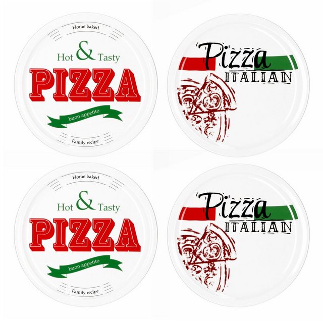 Bild von MamboCat 4-er Set Pizzateller Ø 30,5 cm Motive Pizza Italian + Hot & Tasty I große weiße Teller aus Steingut zum Anrichten für Pizza und Co oder als Steingutplatten zum Servieren von Wurst und Käse
