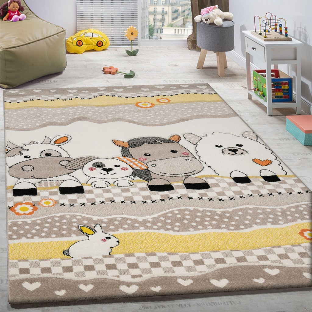 Bild von Paco Home Kinderteppich "Diamond 639", rechteckig, 18 mm Höhe, Kurzflor, 3D-Design, Motiv Bauernhof-Tiere, Kinderzimmer