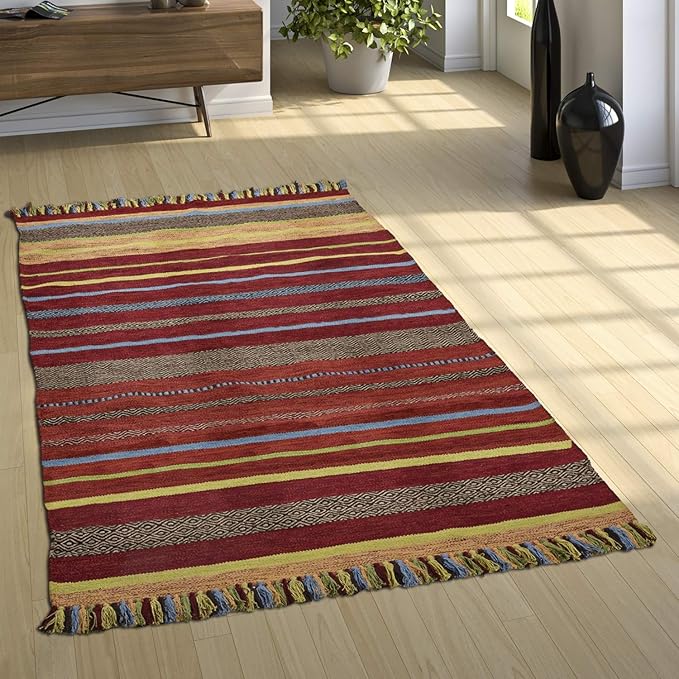 Bild von Paco Home Teppich "Kilim 213", rechteckig, 12 mm Höhe, handgewebter Wendeteppich, reine Baumwolle, gestreift, Wohnzimmer