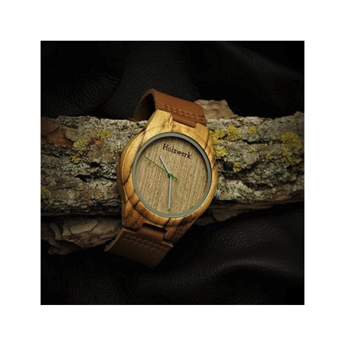Bild von Holzwerk Quarzuhr BURGAU Damen und Herren Leder & Holz Armband Uhr, braun, grün