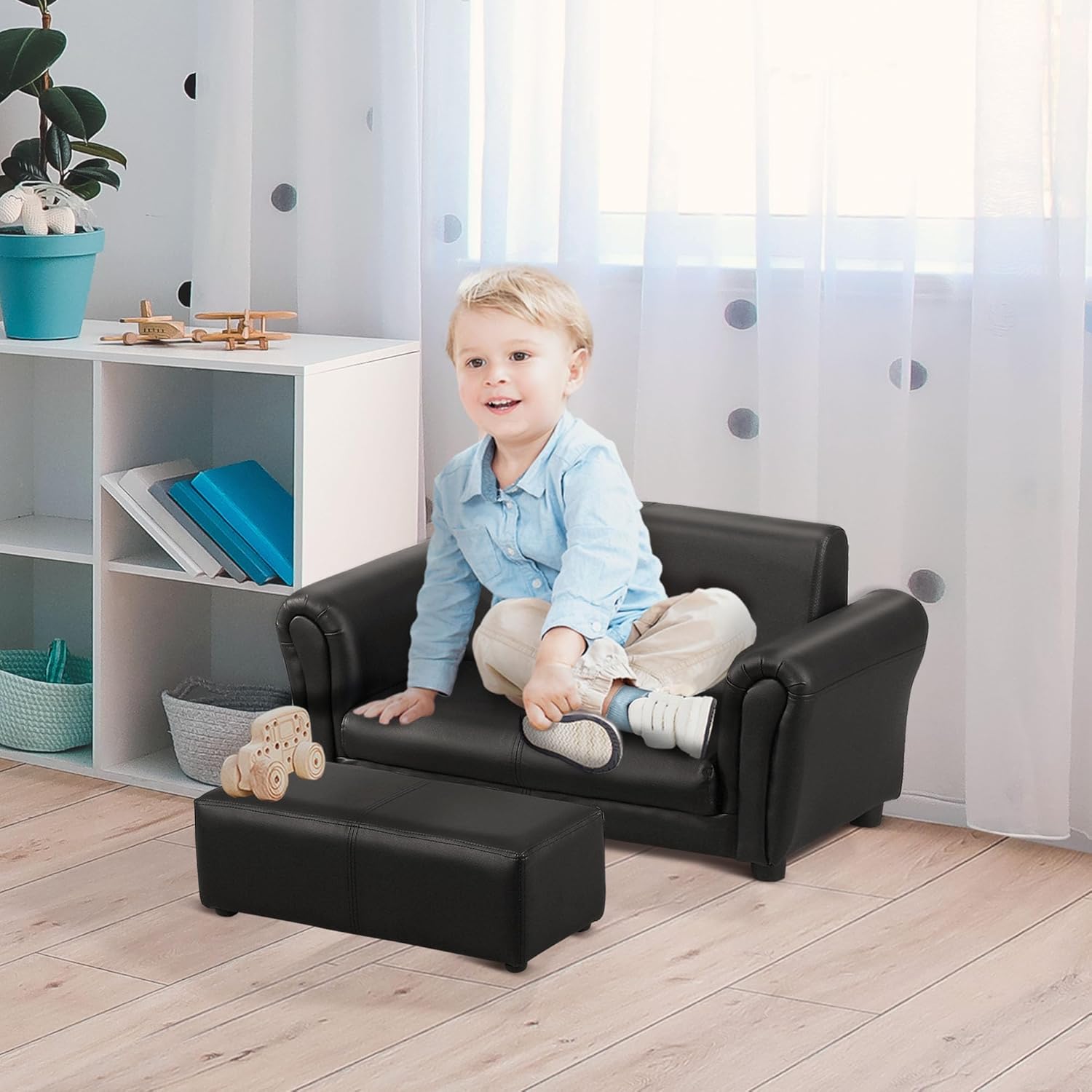 Bild von HOMCOM Kindersessel mit Fußhocker Kindercouch & Hocker Set in Schwarz, gemütliches Sofa für Kinder 83x42x41cm   Aosom.de