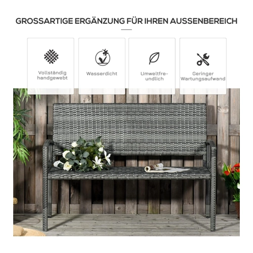 Bild von Outsunny Polyrattan Gartenbank Parkbank Sitzbank 2-Sitzer Geflecht Stahl Schwarz B122 x T60 x H87cm   Aosom