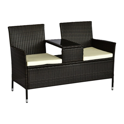 Bild von Outsunny Polyrattan Sitzbank 2-Sitzer Tisch Gartenbank Stahlrahmen Braun B133xT63xH84cm   Aosom