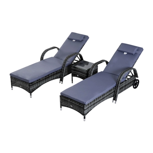 Bild von Outsunny Sonnenliege Gartenliege Tisch 3er-Set Gartenmöbel, Polyrattan+Metall Grau   Aosom