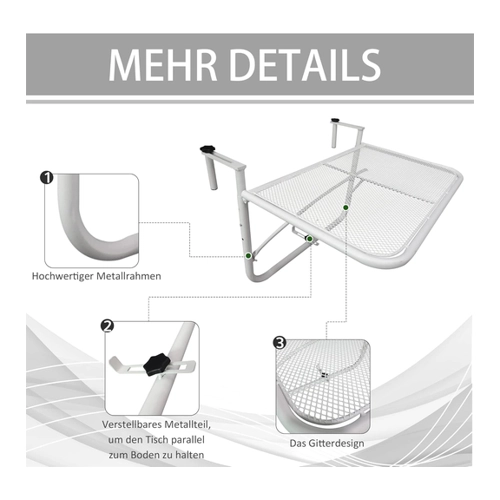 Bild von Outsunny Balkonhängetisch Gartentisch höhenverstellbar viereckig Terrasse Metall Weiß L60 x B56,5 x H45 cm   Aosom