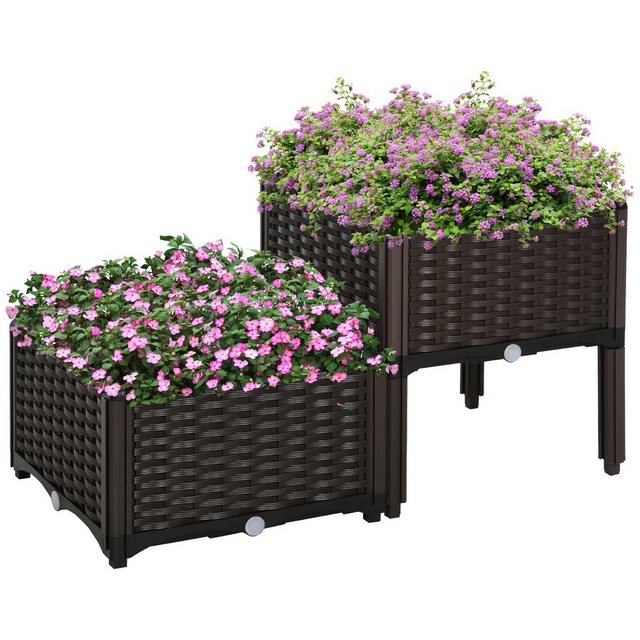 Bild von Outsunny Hochbeet, Pflanzkasten mit Abflusslöchern, Blumenkasten im Rattan-Look, Kunststoff, Braun, 40 x 40 x 44 cm