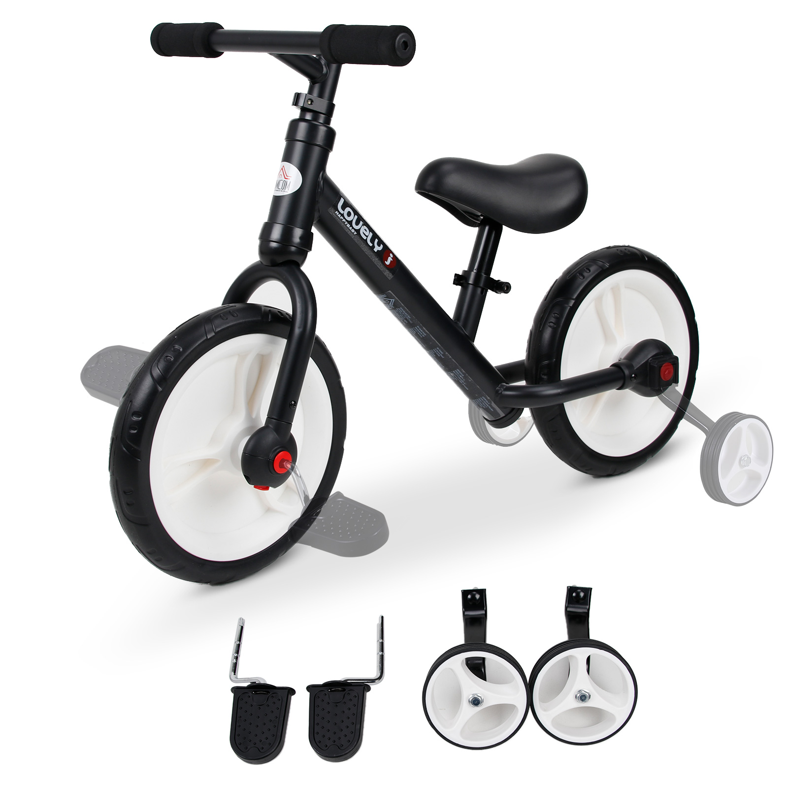 Bild von HOMCOM Kinderfahrrad Laufrad mit Stützrädern und Pedalen, höhenverstellbarer Sitz für 2-5 Jahre, PP, Schwarz   Aosom.de