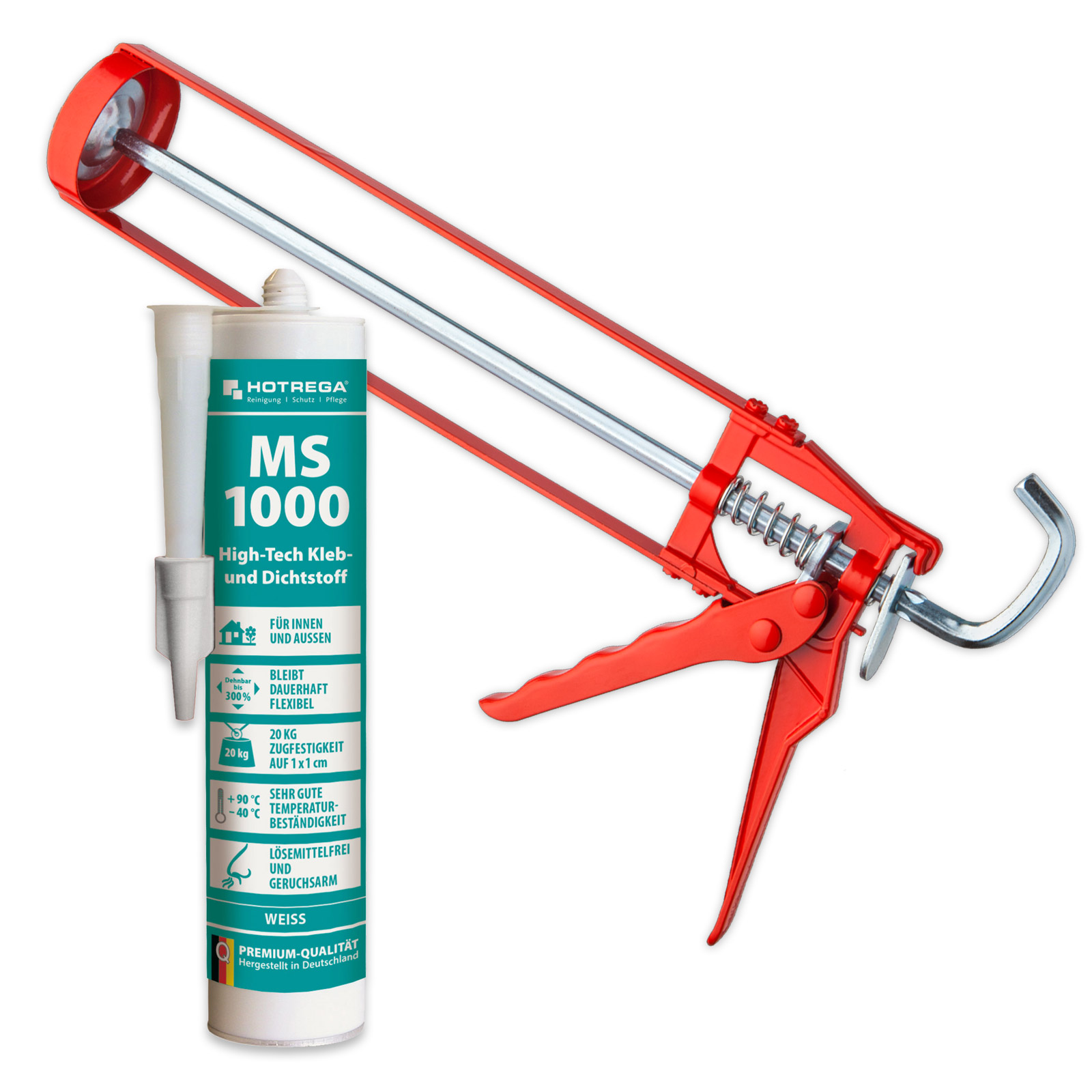 Bild von HOTREGA MS 1000 High Tech Kleb und Dichtstoff 290ml weiß inkl Kartuschenpresse
