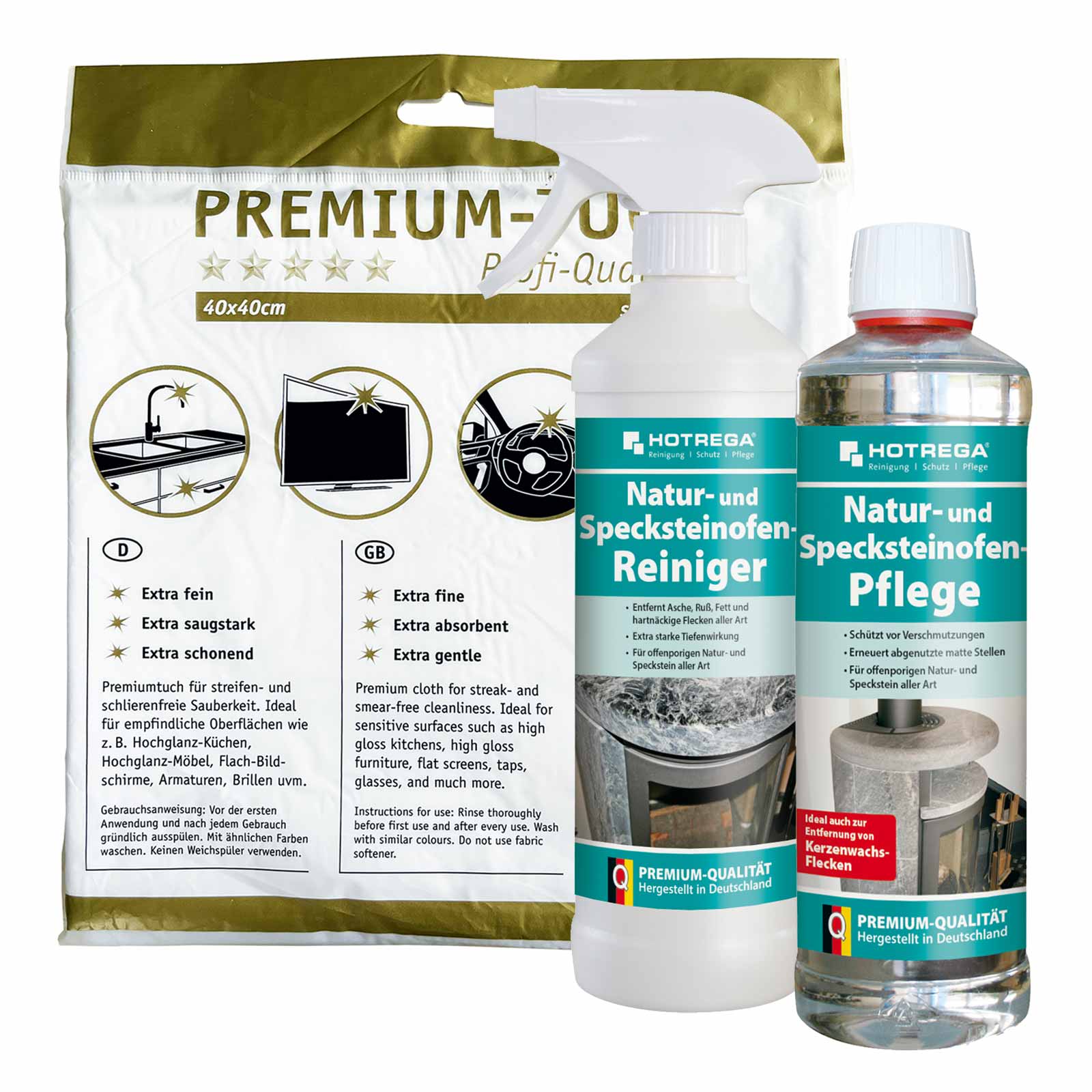 Bild von HOTREGA® Specksteinofen & Natursteinofen Reiniger und Pflege mit Microfasertuch Pflegeset