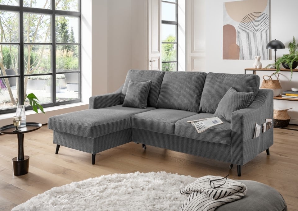 Bild von Sofa Valentina von Benformato: Elegantes Breitcord-Sofa mit Schlaffunktion, Bettkasten und Flexibler Recamiere – In drei stilvollen Farben erhältlich