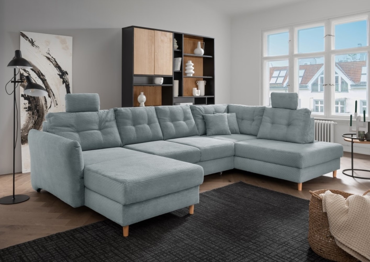 Bild von Brizzini Wohnlandschaft von Benformato wählbar in der Farbe Beige &amp; Aqua: Vielseitiges Komfort-Sofa mit Schlaffunktion, verstellbaren Armlehnen und Stauraum