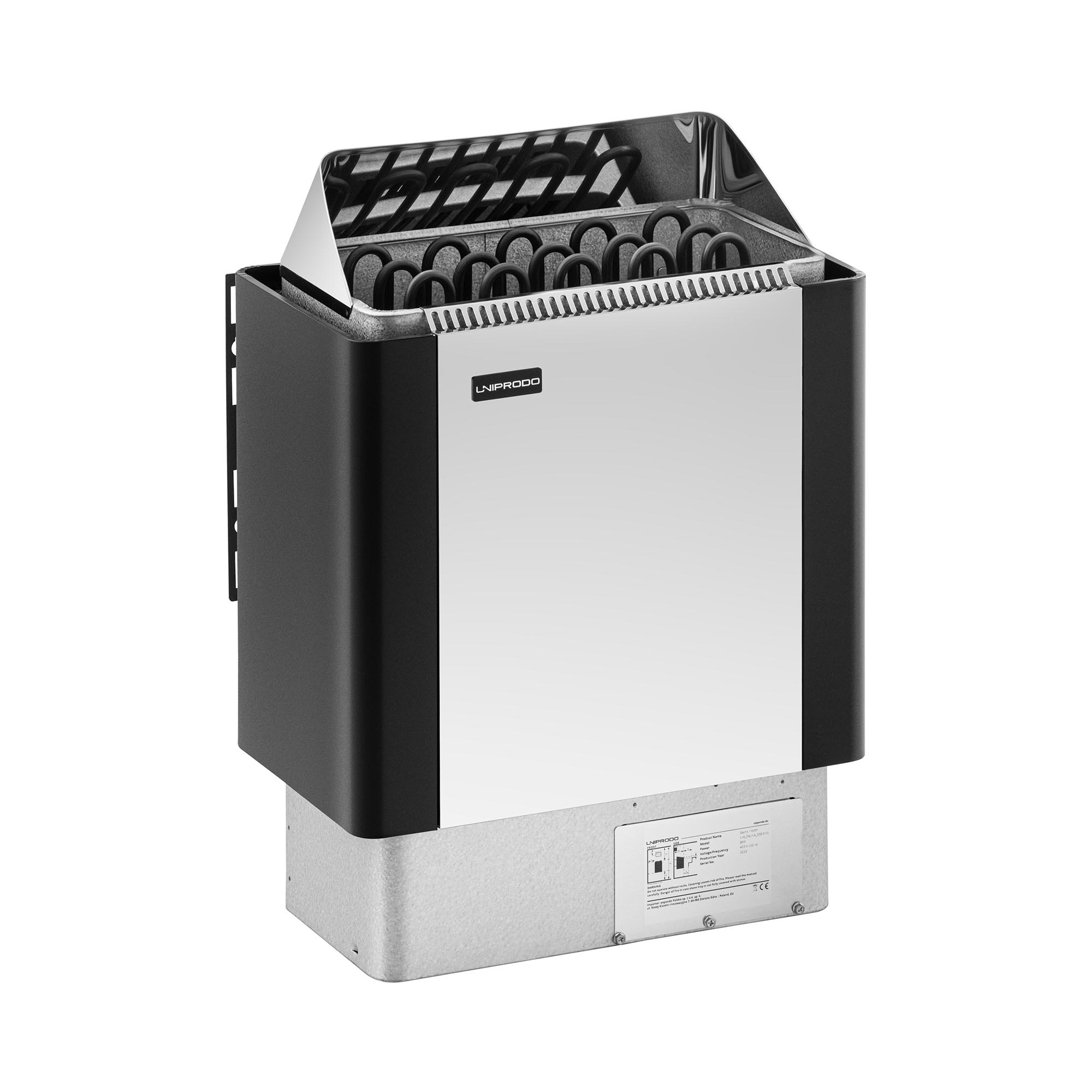 Bild von Uniprodo UNI_SAUNA_BS8.0KW Saunaofen elektrisch 8 kW Edelstahlblende 30 bis 110 °C Saunaheizung 8 bis 12 m³ Überhitzungsschutz Sauna Ofen Saunen Saunazubehör Wandmontage möglich Trockendampfsauna