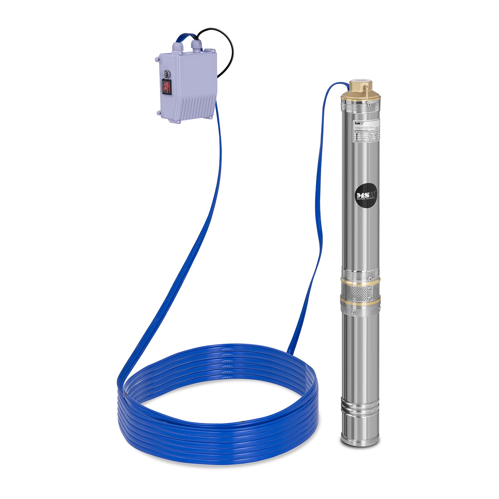 Bild von MSW Tiefbrunnenpumpe Tauchpumpe Brunnenpumpe MSW-SPP44-075 (Fördermenge max.: 6.000 l/h, 750 W, Fördertiefe max.: 73,5 m, Ø 95 mm, inkl. Schaltkasten, Edelstahl)