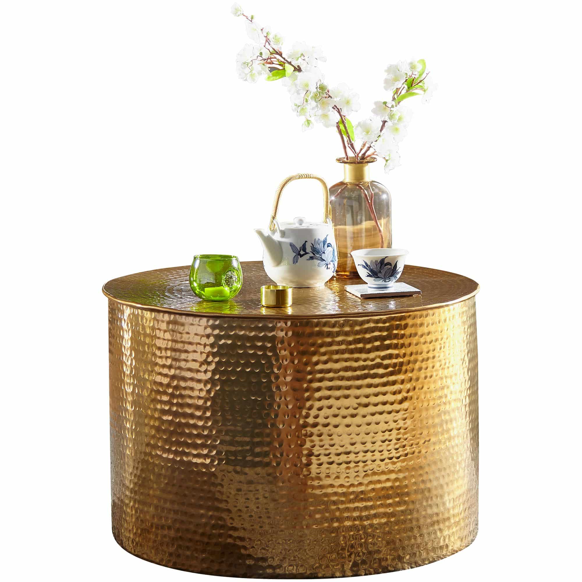Bild von Couchtisch 61 x 40,5 x 61 cm Aluminium Gold Beistelltisch Orientalisch Rund | Flacher Hammerschlag Sofatisch Metall | Design Wohnzimmertisch Modern | Loungetisch Indisch Stubentisch