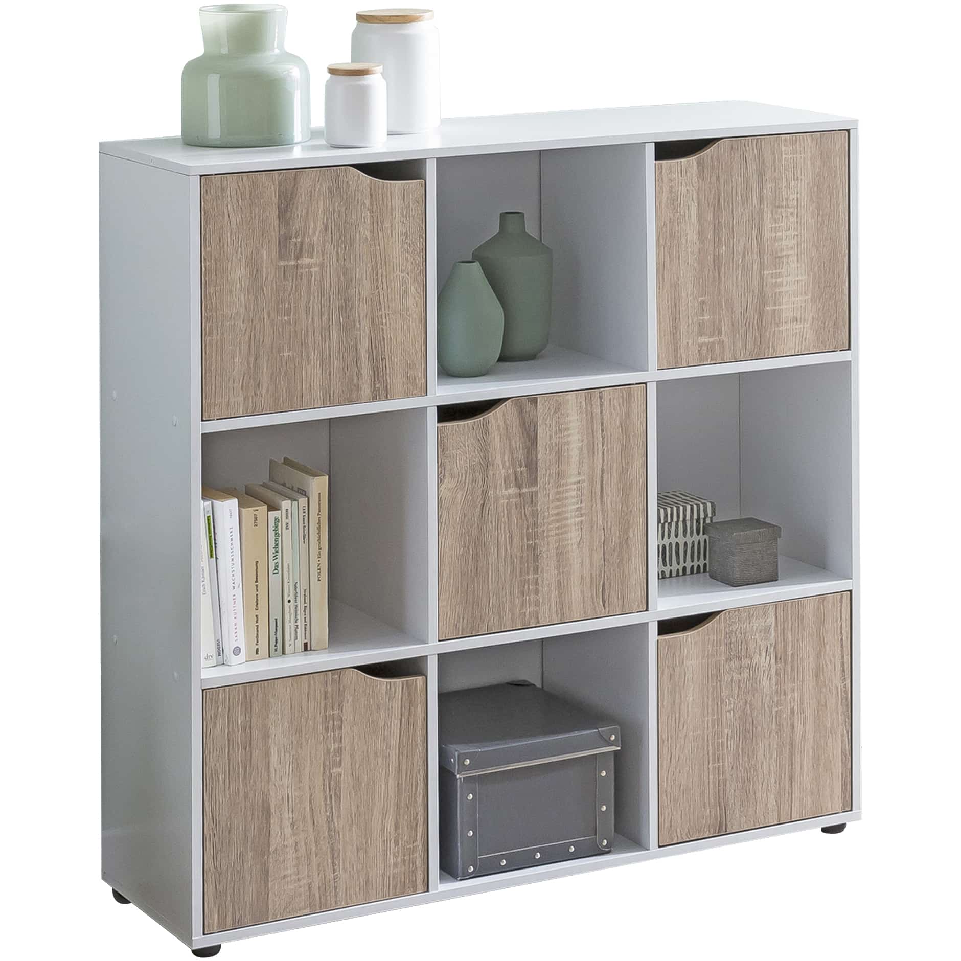 Bild von Sideboard MASSA 89 x 91 x 29 cm Bücherregal mit 9 Fächern Sonoma | Standregal mit 5 Türen | Modernes Würfelregal Raumteiler | Flurschrank offen | Cuberegal Kommode Wohnregal