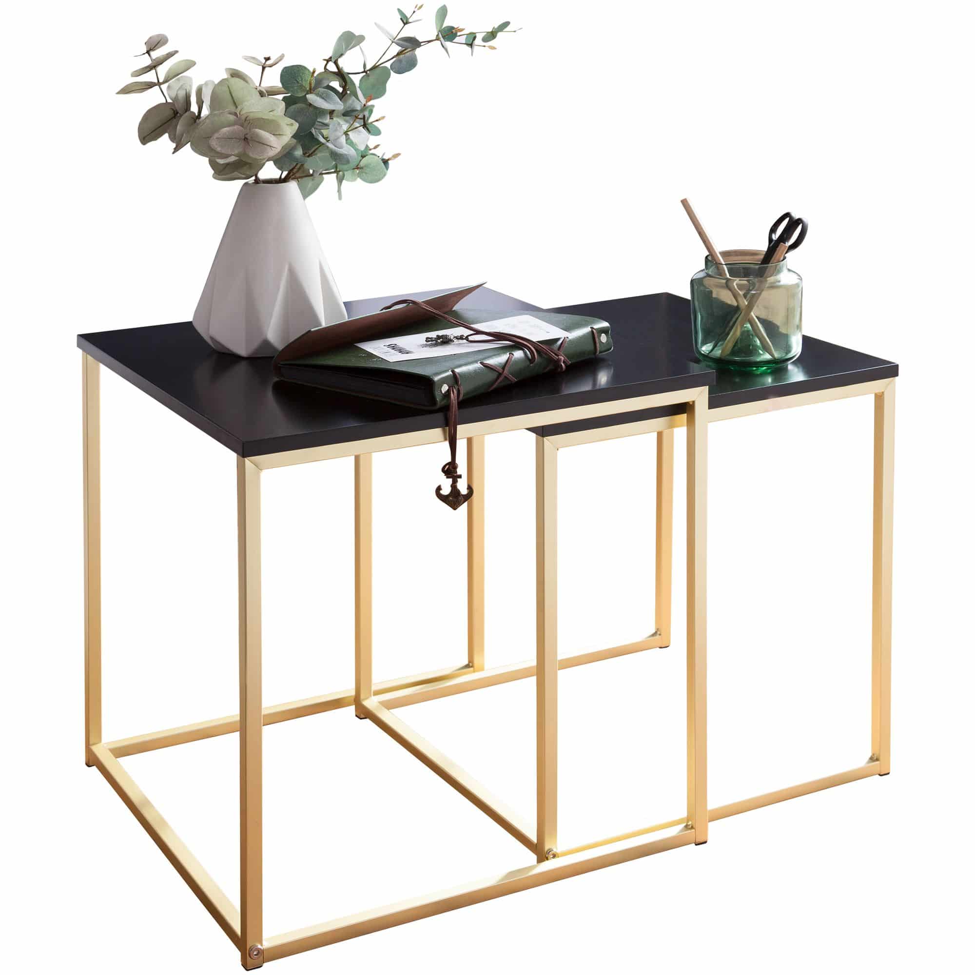 Bild von Wohnling Satztisch CHUR Schwarz/Gold Beistelltisch MDF/Metall, Couchtisch Set aus 2 Tischen, Kleiner Wohnzimmertisch, Metalltisch mit Holzplatte, Ablagetisch modern