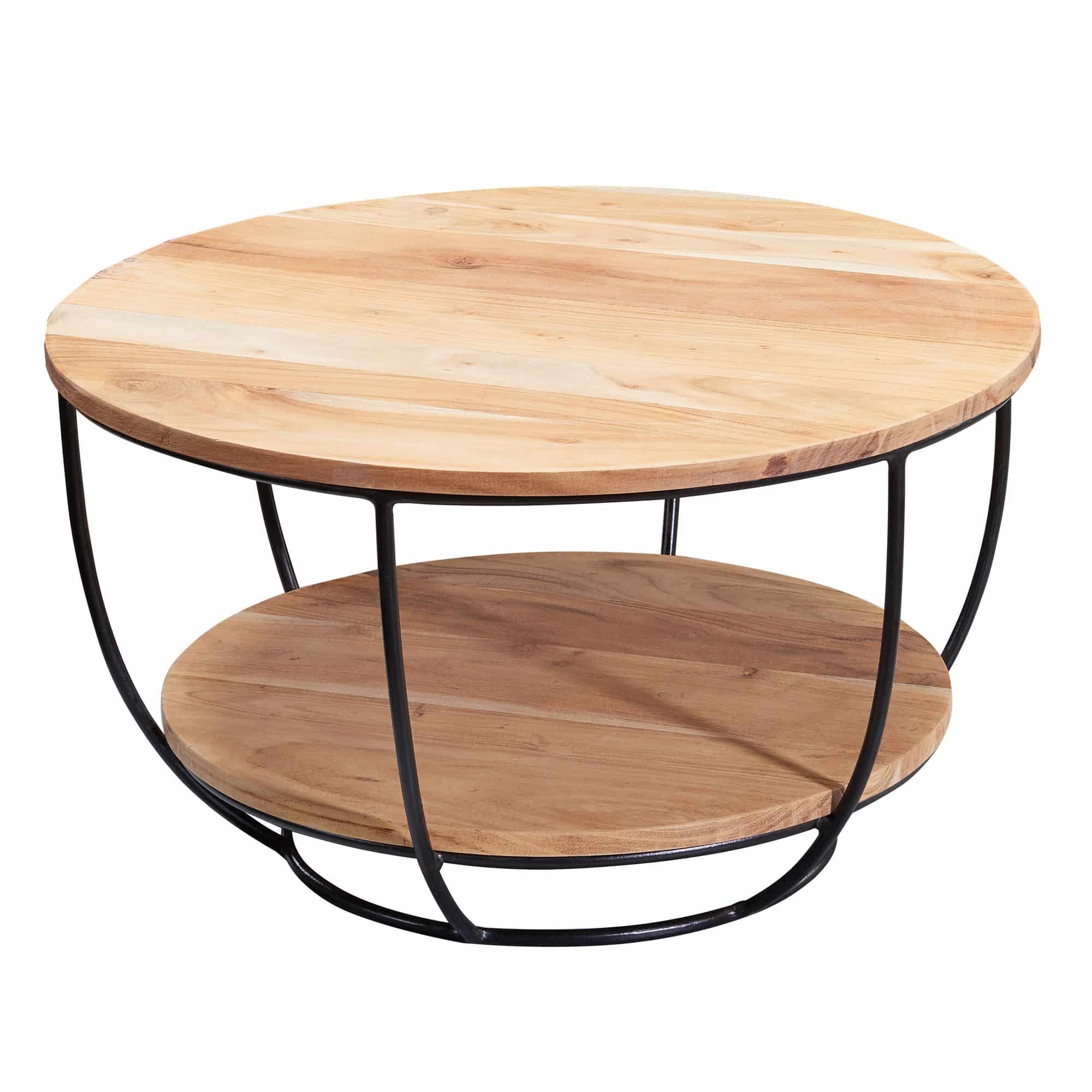 Bild von Wohnling Couchtisch 60x34,5x60 cm Akazie Massivholz/Metall Sofatisch, Design Wohnzimmertisch Rund, Stubentisch Industrial Braun, Tisch mit Ablage