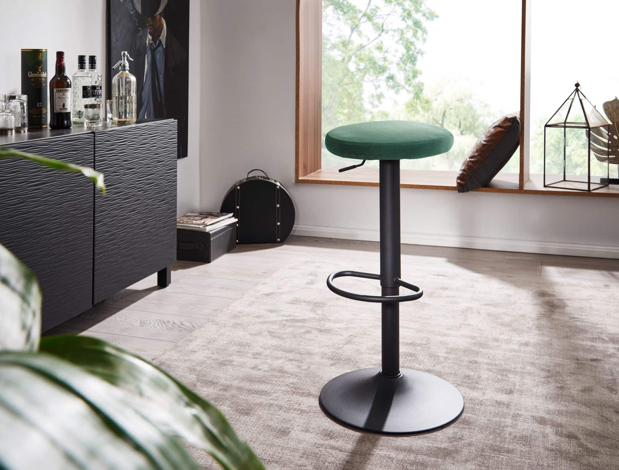 Bild von Wohnling Barhocker Samt Grün Hocker ohne Lehne 58-79 cm, Küchenhocker Stoff/Metall 100kg, Design Barstuhl Tresenhocker Drehbar Bistrohocker