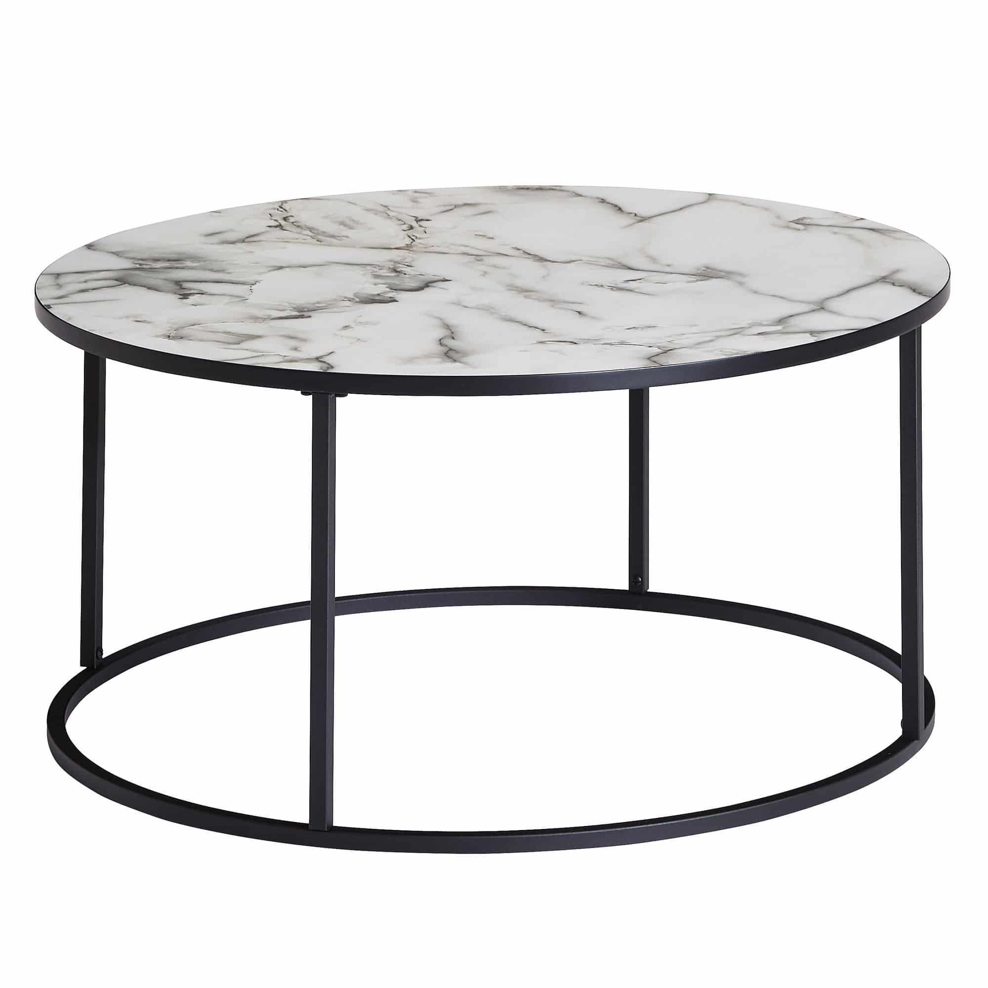 Bild von Wohnling Couchtisch Rund 80x40x80 cm mit Marmor Optik Weiß, Wohnzimmertisch mit Metall-Gestell Schwarz, Moderner Dekotisch