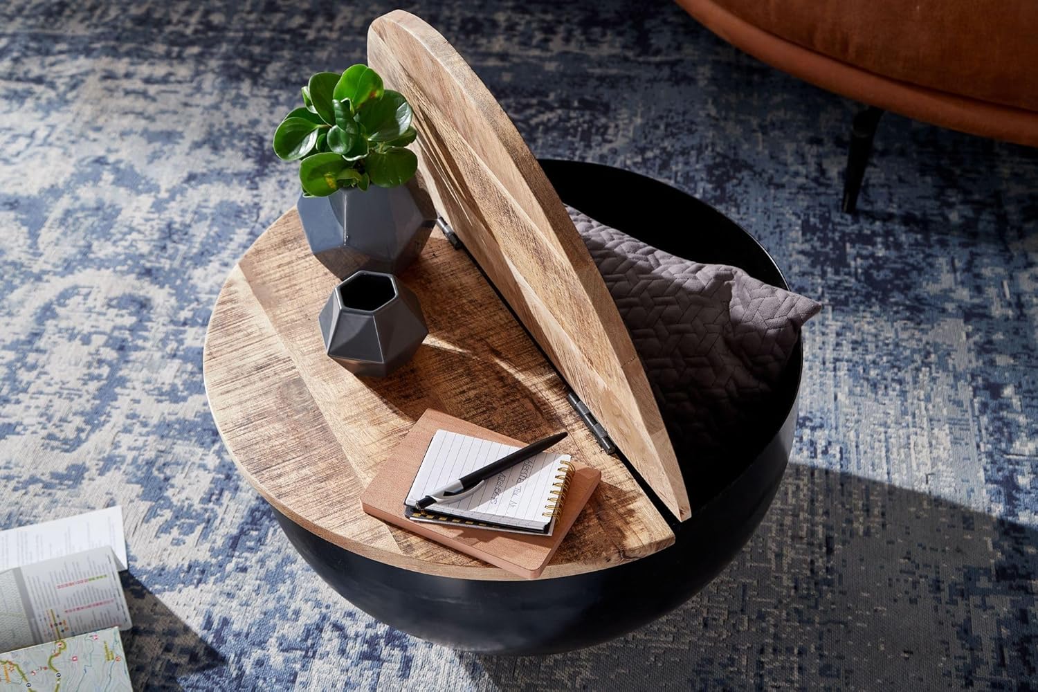 Bild von Wohnling Couchtisch Mango Massivholz Metall 60x34x60 cm Industrial Style Rund, Design Wohnzimmertisch mit Stauraum, Moderner Loungetisch Sofatisch Schwarz