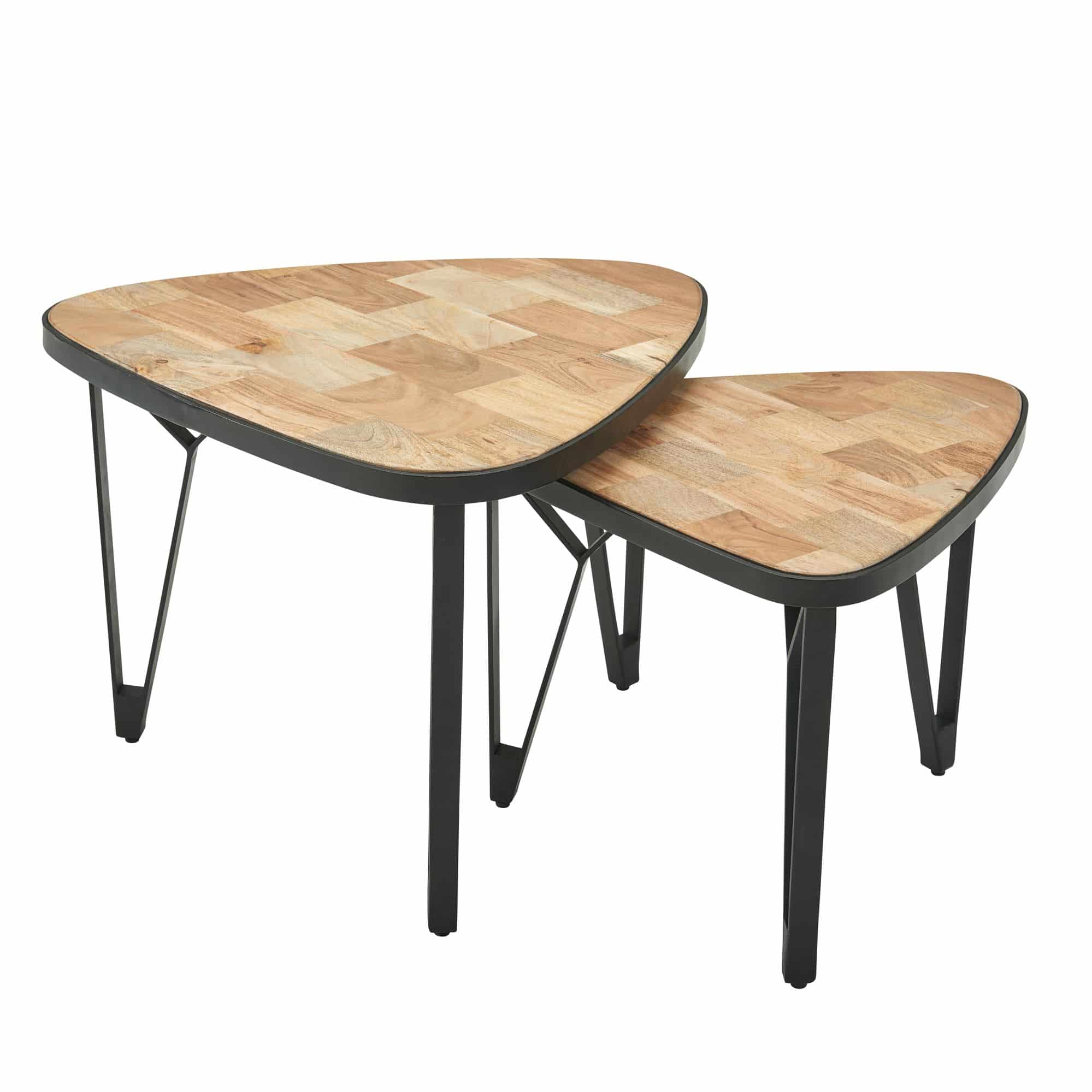 Bild von Design Couchtisch 2er Set Mango / Akazie Massivholz Satztisch Dreieckig | Wohnzimmertisch Braun mit Metallbeine | Tischset 2-teilig Satztisch Holz / Metall Schwarz