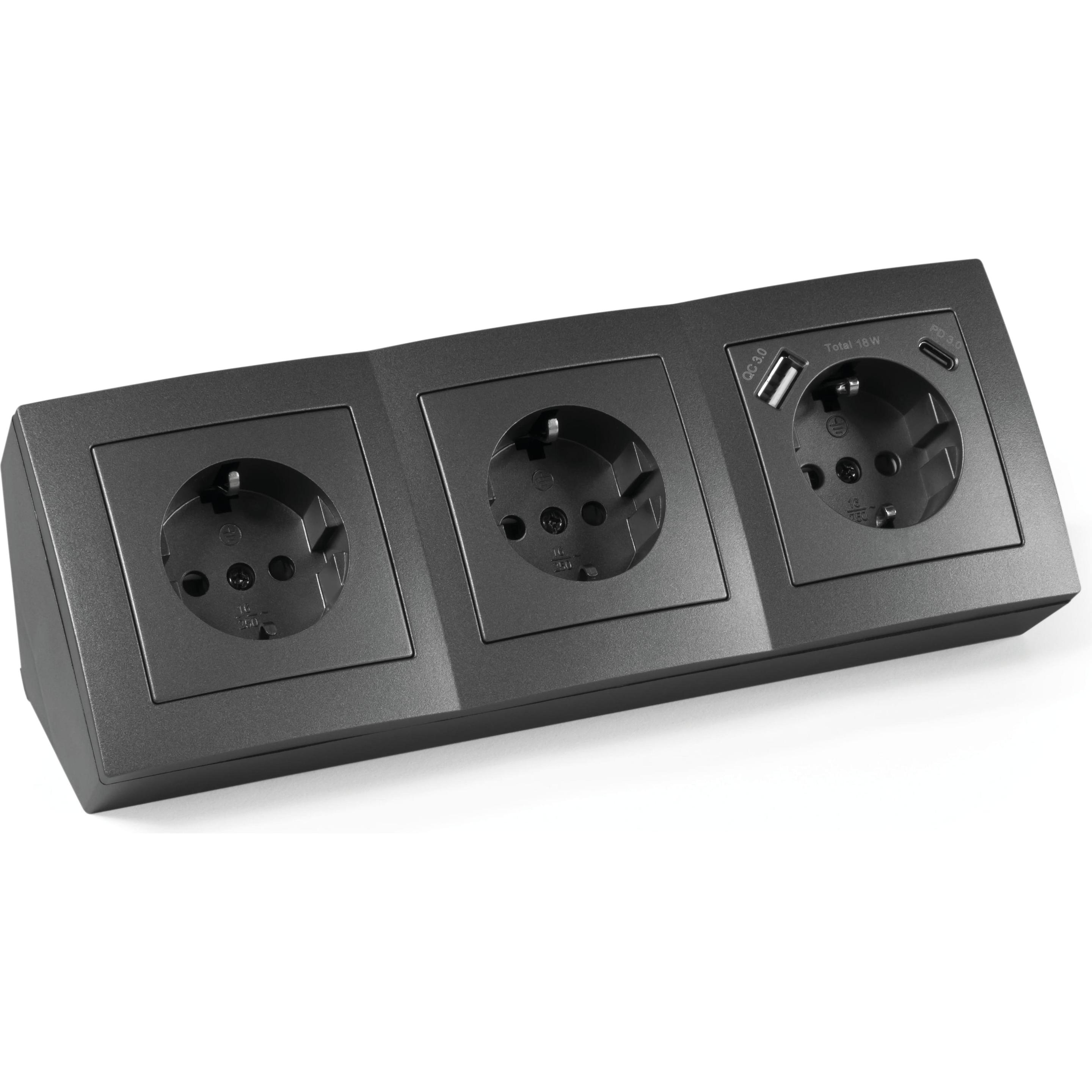 Bild von MCP, Steckdosenleiste, MCPOWER Steckdosenblock Flair, 3-fach, 16A/250V, 1xUSB-C, 1xUSB-A (3 x)