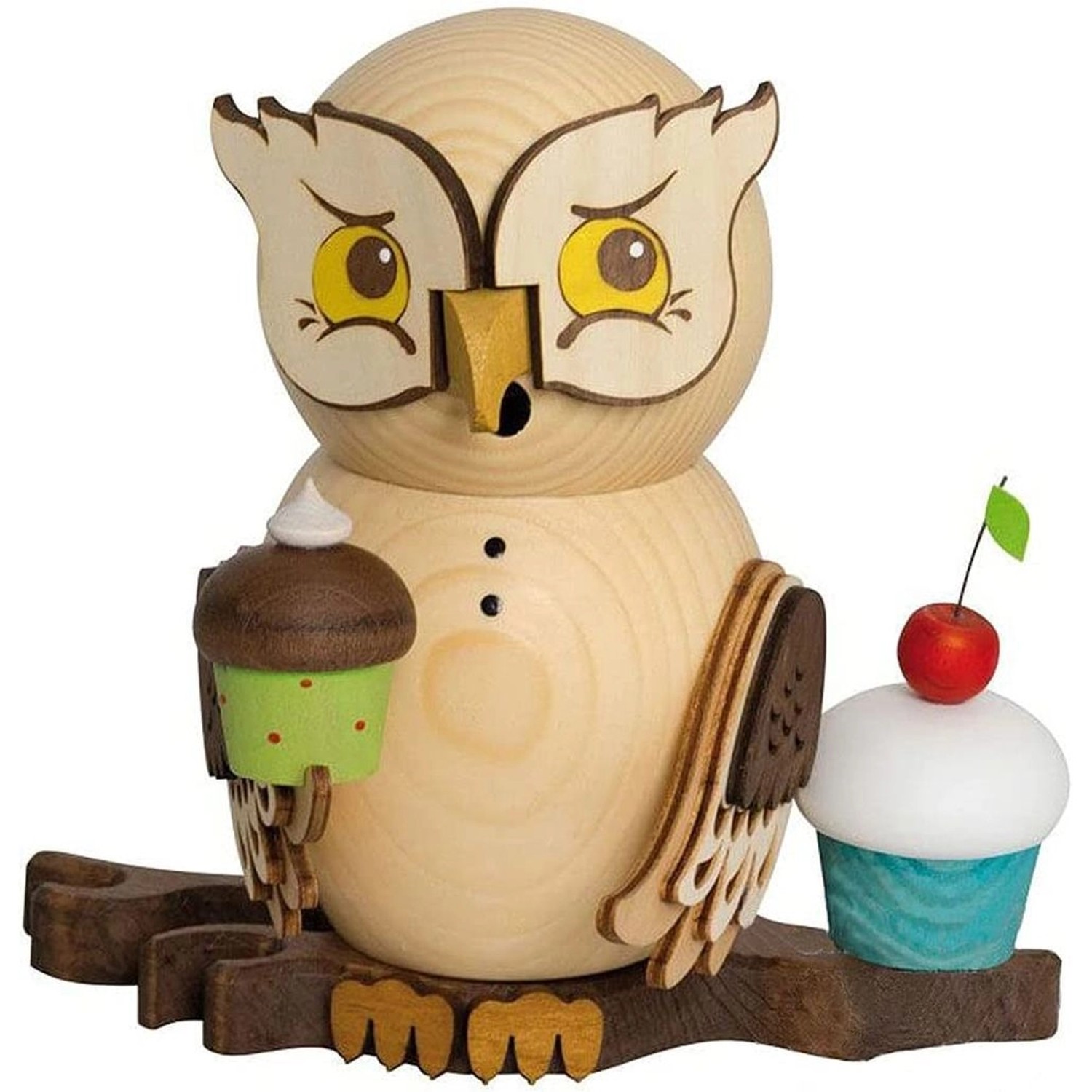 Bild von Drechslerei Kuhnert  Räucher Eule 15cm  Eule mit Muffins  Echt Erzgebirge