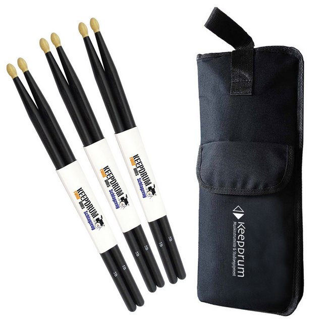 Bild von keepdrum Drumsticks keepdrum 5BB Black Schlagzeugstöcke 3 Paar mit Stickbag (3 Paar, schwarz), mit Stickbag