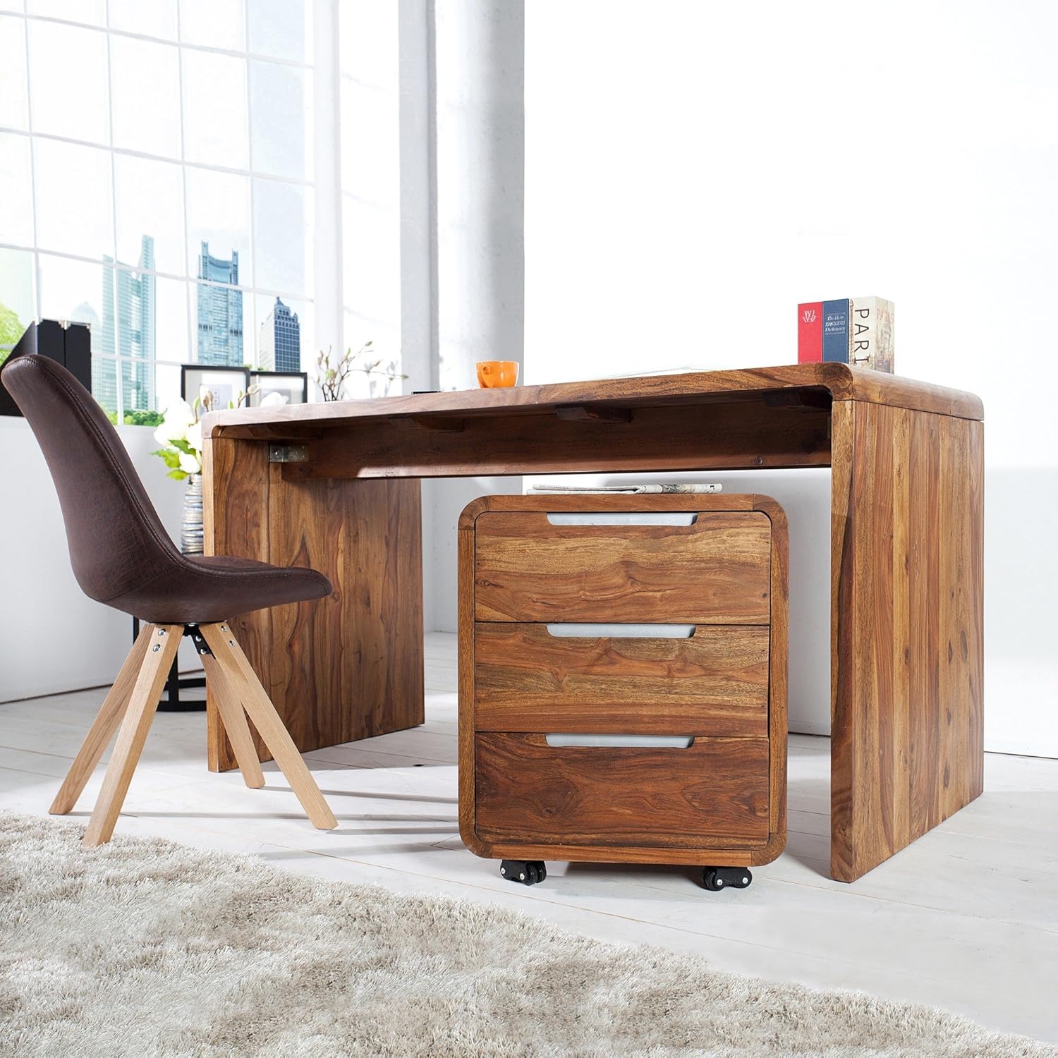 Bild von cagü Rollcontainer DAIPUR 3 Schublade Sheesham massiv Holz 60cm x 50cm
