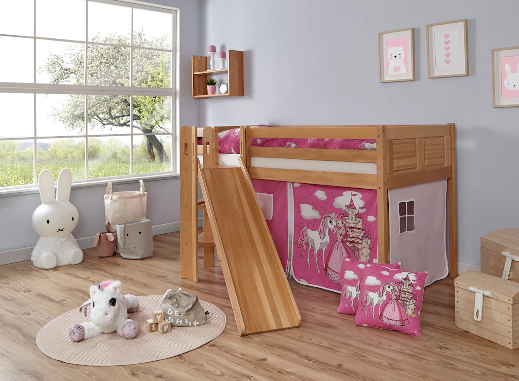 Bild von Ticaa Hochbett "Ekki", mit Rollrost und Textil-Set wahlweise mit Matratze, Buche