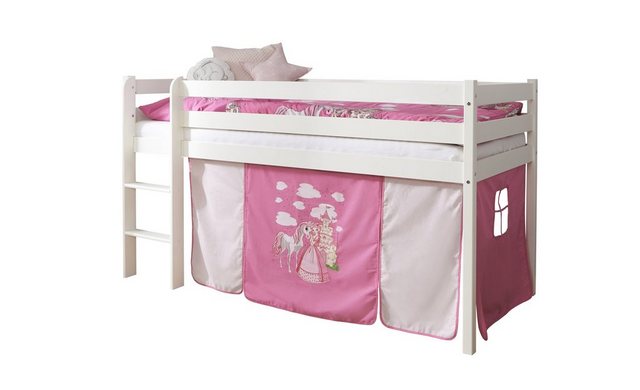Bild von Ticaa Hochbett Hochbett Kiefer Weiß Vorhang "Horse Rosa-Pink
