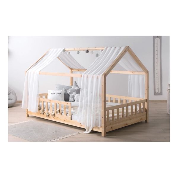 Bild von TiCAA TiCAA Kinderbett Hausbett mit Tüll Kim 90x200 cm, 100x200 cm, 120x200 cm, 140x200 für Jungen & Mädchen, inkl. Rolllattenrost, Rausfallschutz variabel, Montessori Bett Natur aus Kiefer Massivholz