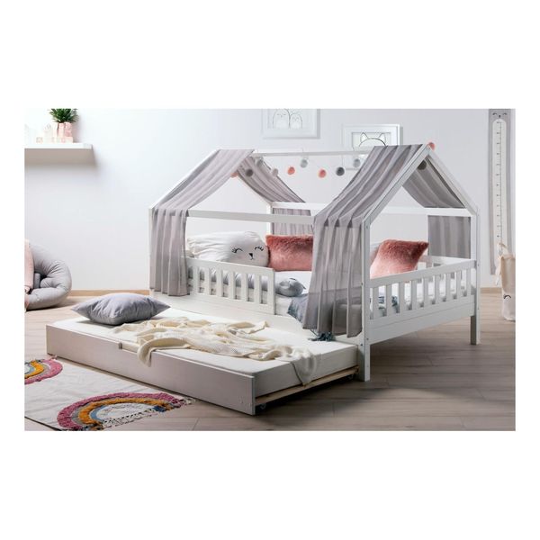 Bild von TiCAA TiCAA Kinderbett Hausbett mit Tüll Kim 90x200 cm, 100x200 cm, 120x200 cm, 140x200 für Jungen & Mädchen, inkl. Rolllattenrost, Zusatzbett und Rausfallschutz variabel, Montessori Bett weiß aus Kiefer Massivholz