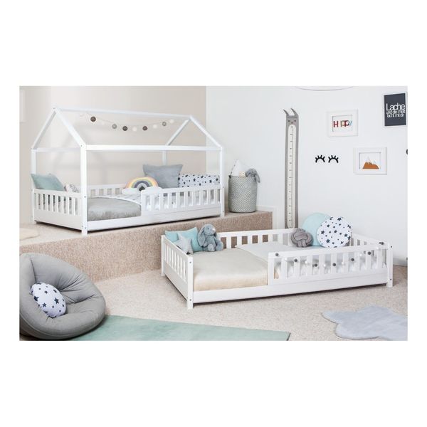 Bild von TiCAA 2 in 1 TiCAA Hausbett Bodenbett wandelbar mit abnehmbaren Dach Duo 90x200 cm, 100x200 cm, 120x200 cm, 140x200 für Jungen & Mädchen, inkl. Rolllattenrost, Rausfallschutz variabel, Montessori Bett weiß aus Kiefer Massivholz