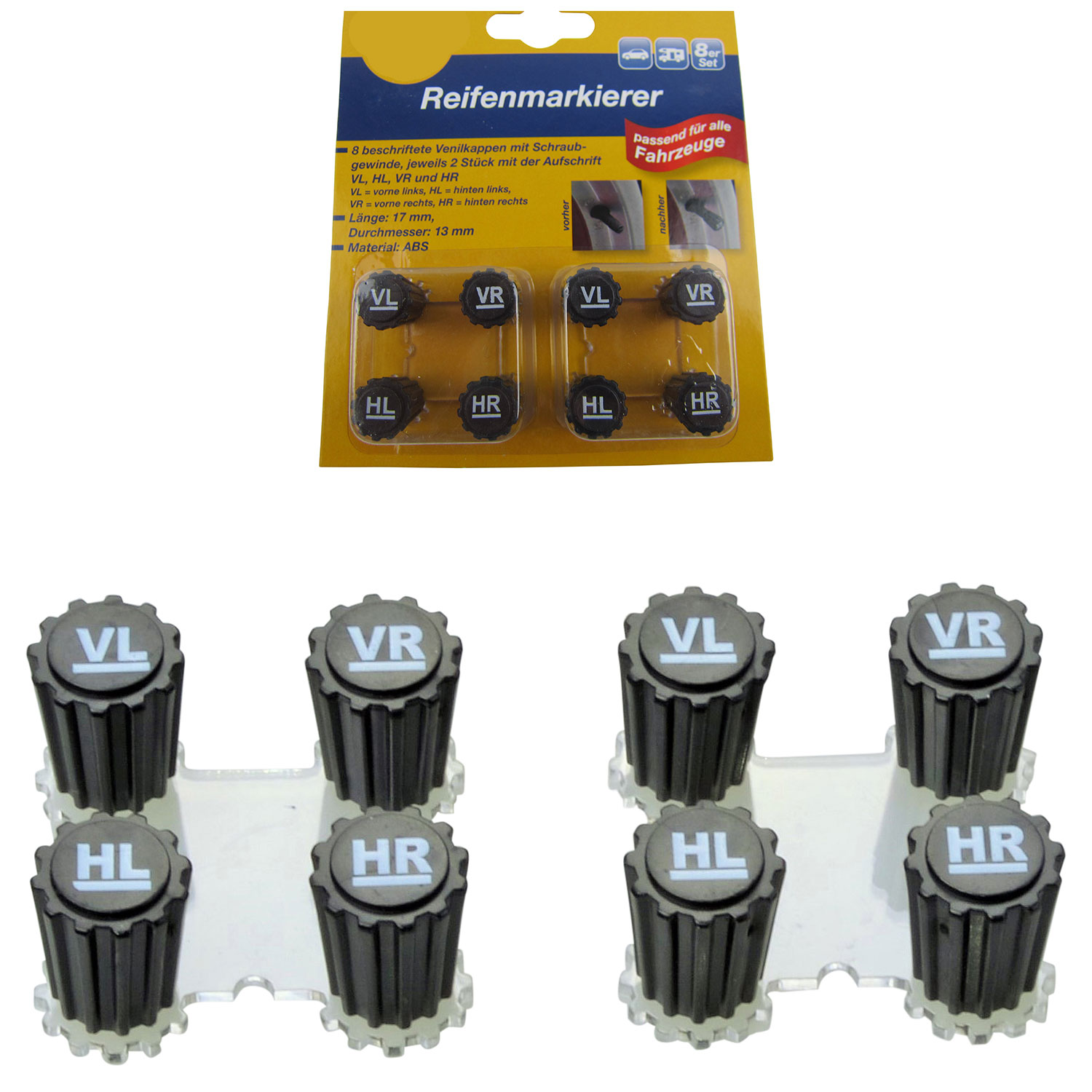 Bild von 8x Reifenmarkierer Ventilkappen Deckel Set VORN + HINTEN Sommer Winter Reifen