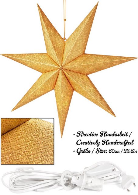 Bild von BRUBAKER 60 cm Weihnachtsstern für Innen - Adventsstern mit E14 Fassung Hängend - Fenster Leuchtstern zum Aufhängen - Stern Set Weihnachten mit 3,5 m Kabel - 3D Papierstern Deko - Gold