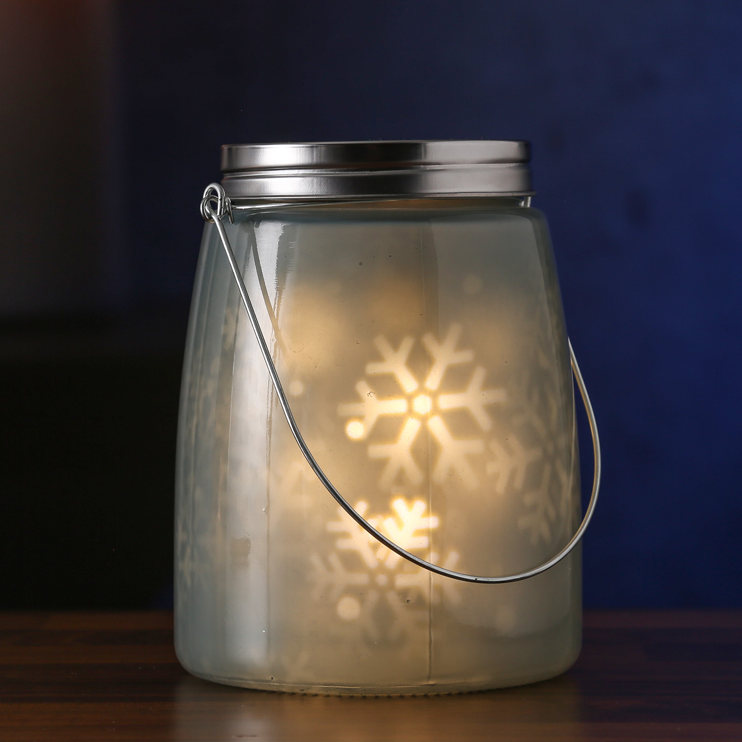 Bild von LED Dekoglas SNOW - rotierende Schneeflocken - 11 warmweiße LED - H: 16cm - indoor - blau