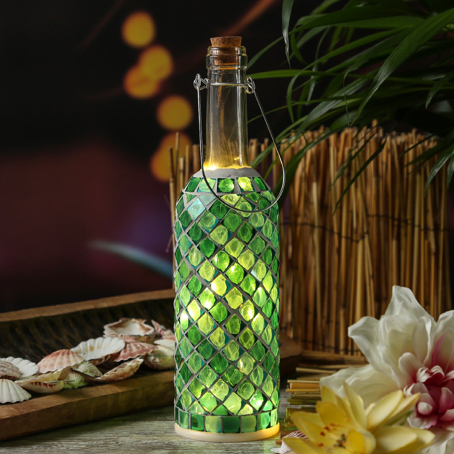 Bild von LED Flasche mit Mosaiksteinen - 10 warmweiße LED an Drahtlichterket...