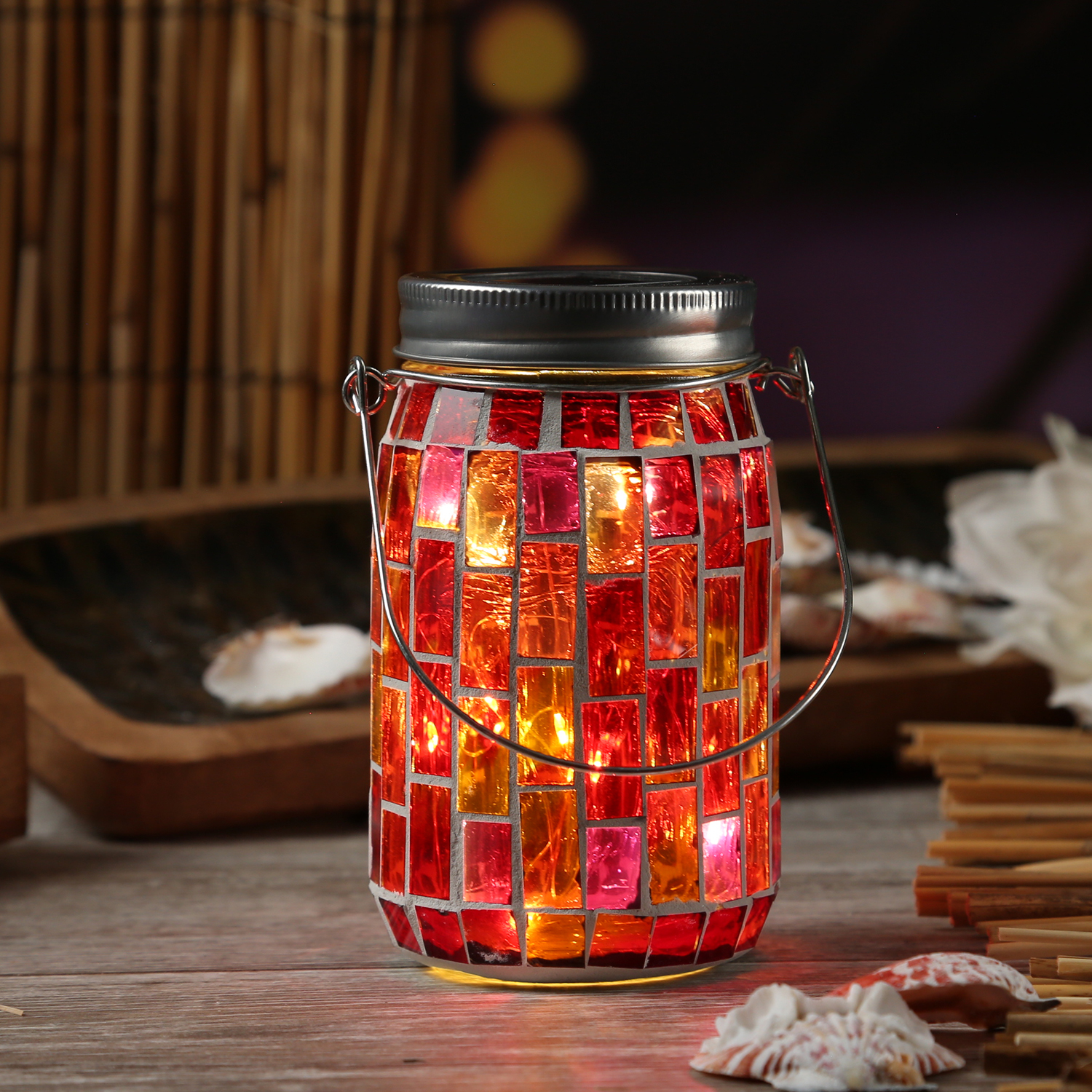 Bild von LED Solar Glas - Einmachglas mit Mosaiksteinchen - mit Henkel - H: ...